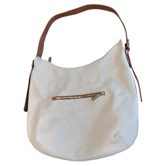 Valentina Italian Pebbled Leather Cream White Hobo Shoulder Bag Adjustable Strap - Picture 2 of 11